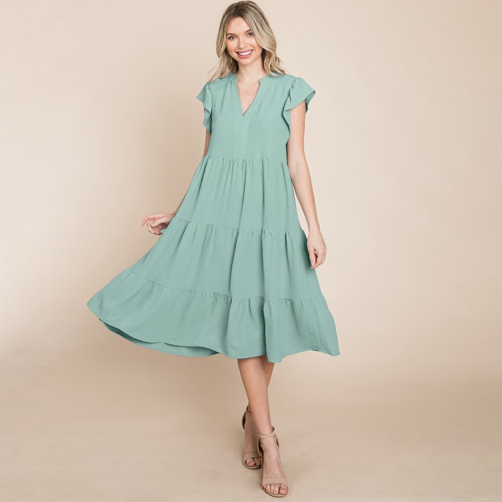Ruffle Sleeve V neck Tiered Midi Dress